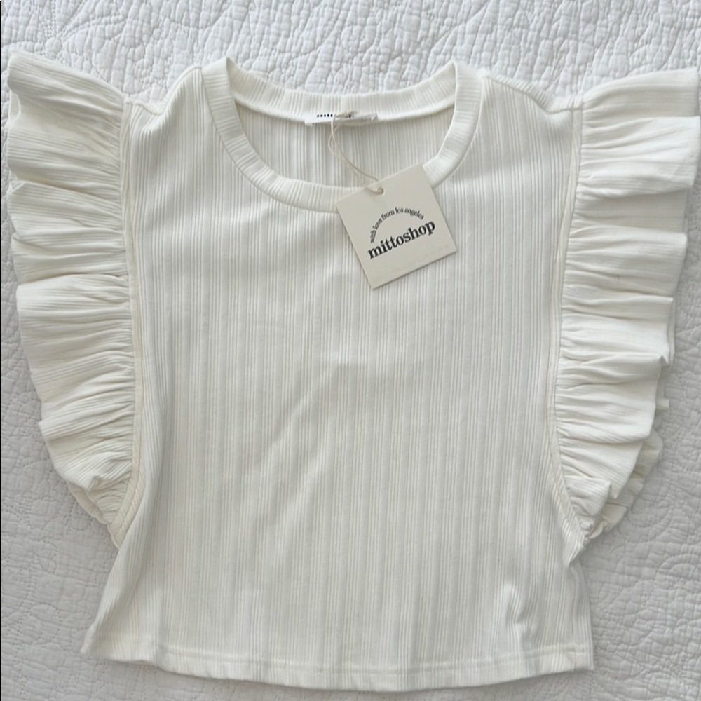 Mittoshop White Ribbed Flutter Sleeve Blouse